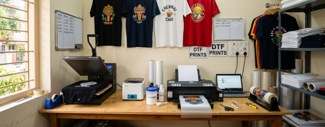 DTF Printing Business home studio setup with printer and heat press