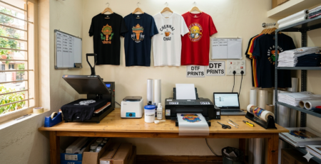 DTF Printing Business home studio setup with printer and heat press