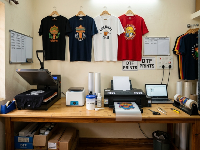 DTF Printing Business home studio setup with printer and heat press