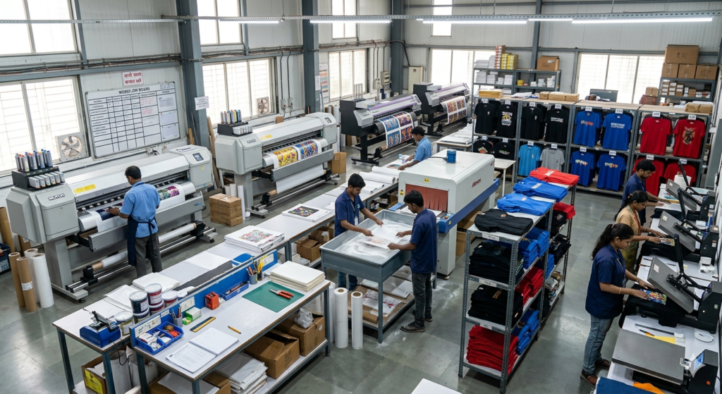 DTF Printing Business workshop with industrial printers and workers