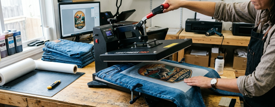 DTF printing on denim process with heat press machine