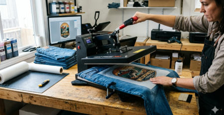 DTF printing on denim process with heat press machine