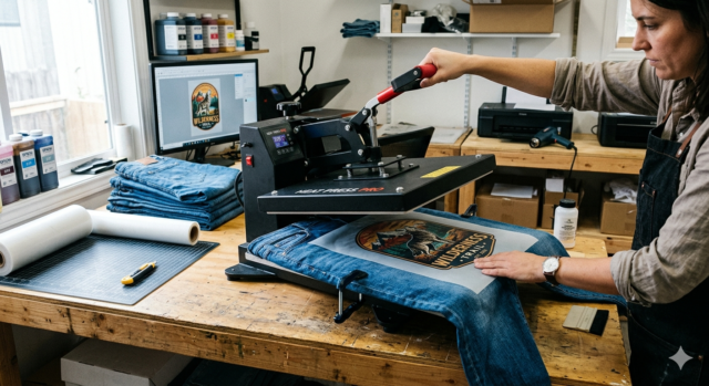 DTF printing on denim process with heat press machine