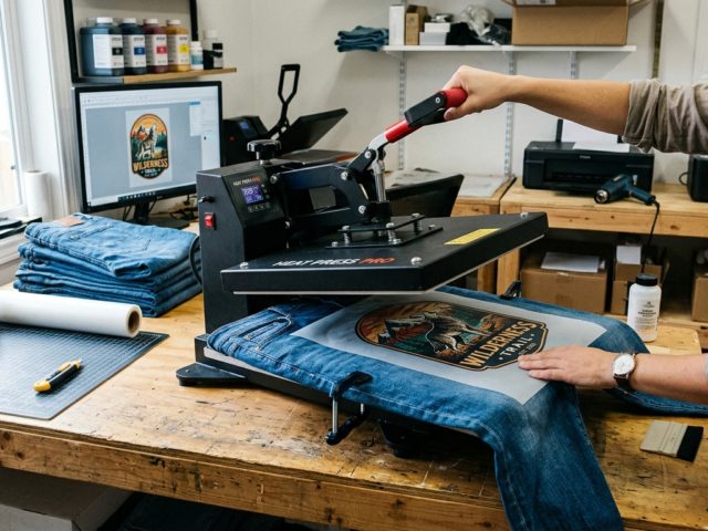 DTF printing on denim process with heat press machine