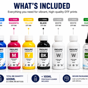 Prolific Premium DTF Ink Kit CMYKKWW 600ML + 100ML Printhead Cleaner - Prolific Premium DTF Ink Kit CMYKKWW 600ML with 100ML Printhead Cleaner for XP600 and i3200 DTF Printers