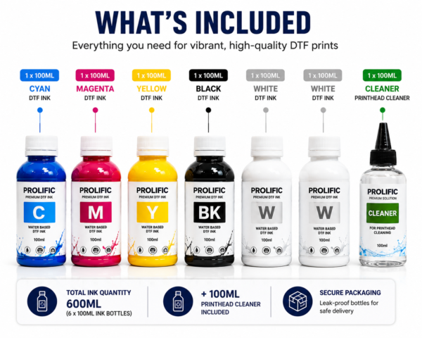 Prolific Premium DTF Ink Kit CMYKKWW 600ML + 100ML Printhead Cleaner - Prolific Premium DTF Ink Kit CMYKKWW 600ML with 100ML Printhead Cleaner for XP600 and i3200 DTF Printers