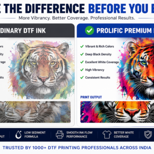 Prolific Premium DTF Ink Kit CMYKKWW 600ML + 100ML Printhead Cleaner - Comparison between ordinary DTF ink and Prolific Premium DTF Ink showing vibrant colors, better white coverage, deeper black density and superior print quality.