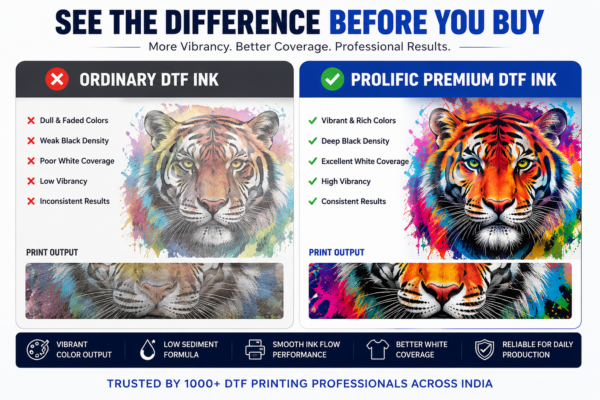 Prolific Premium DTF Ink Kit CMYKKWW 600ML + 100ML Printhead Cleaner - Comparison between ordinary DTF ink and Prolific Premium DTF Ink showing vibrant colors, better white coverage, deeper black density and superior print quality.