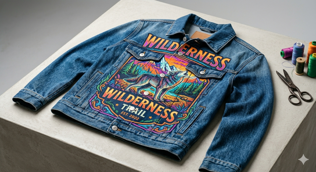 DTF printing on denim colorful design sample