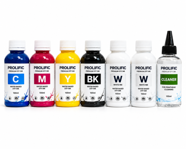 Prolific Premium DTF Ink Kit CMYKKWW 600ML Prolific Premium DTF Ink Kit CMYKKWW 600ML with 100ML Printhead Cleaner for XP600 and i3200 DTF Printers