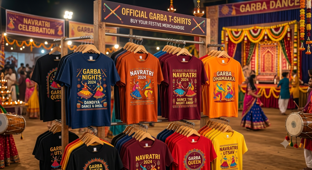 DTF Transfers for Navratri Merchandise displayed on colorful Garba event t-shirts