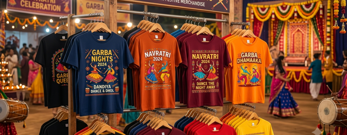 DTF Transfers for Navratri Merchandise displayed on colorful Garba event t-shirts