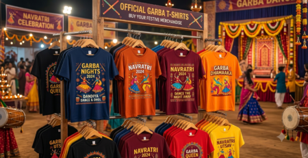 DTF Transfers for Navratri Merchandise displayed on colorful Garba event t-shirts