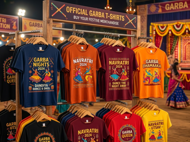 DTF Transfers for Navratri Merchandise displayed on colorful Garba event t-shirts