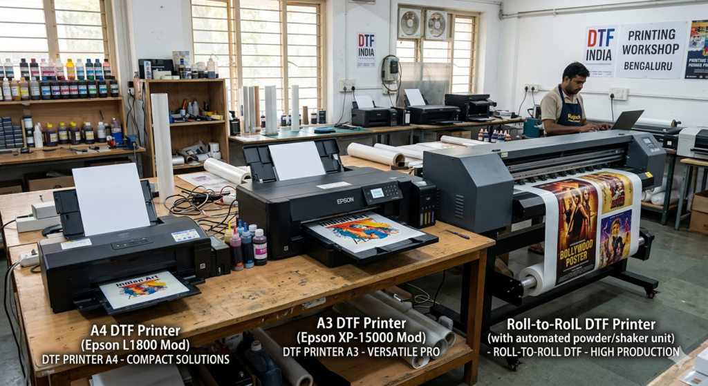 DTF Printer Comparison India showing A4, A3 and Roll-to-Roll DTF printers