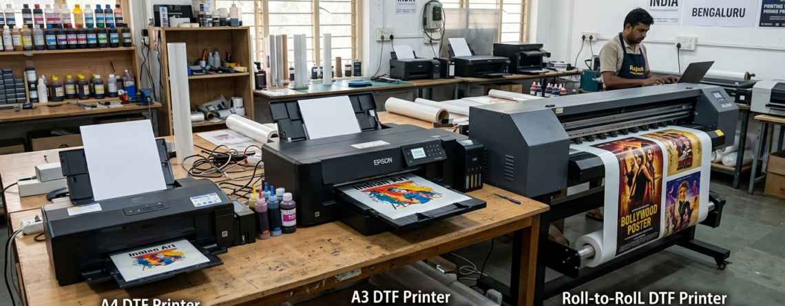 DTF Printer Comparison India showing A4, A3 and Roll-to-Roll DTF printers