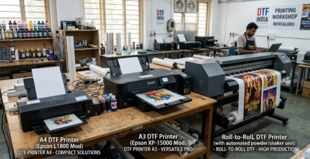 DTF Printer Comparison India showing A4, A3 and Roll-to-Roll DTF printers