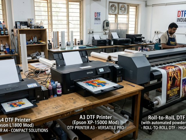DTF Printer Comparison India showing A4, A3 and Roll-to-Roll DTF printers