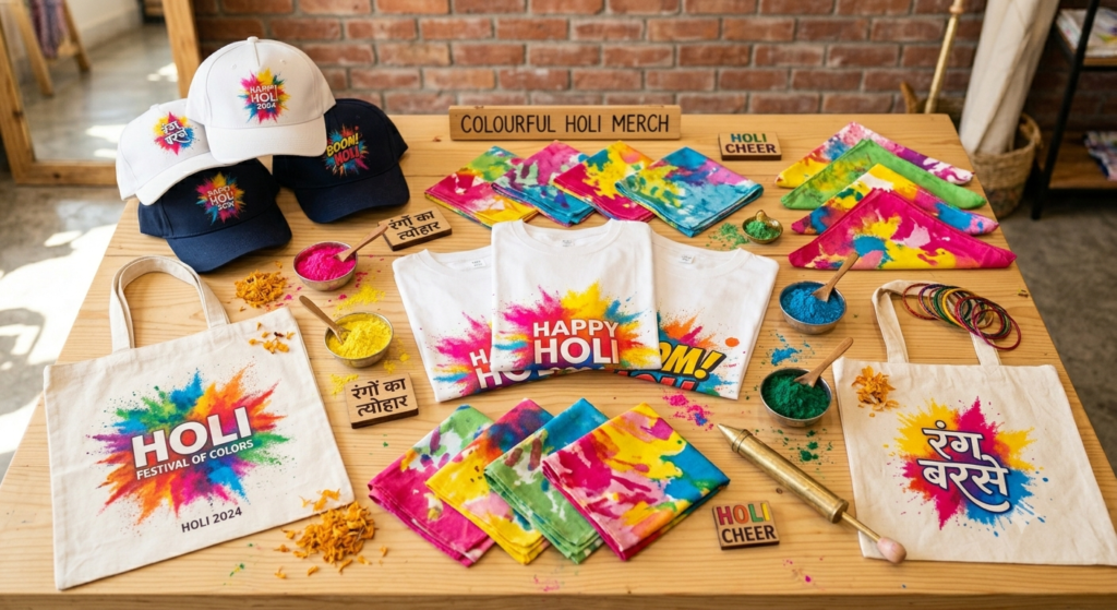 Holi DTF Printing Merchandise: Best Ideas for Successful Festival Products 2026 - Holi DTF Printing Merchandise collection with bags caps and bandanas