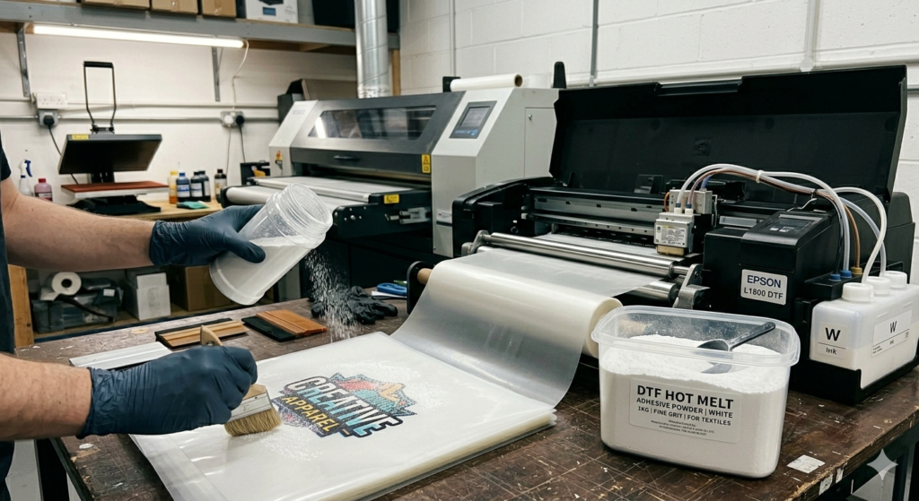 DTF Hot Melt Adhesive Powder application during DTF printing process