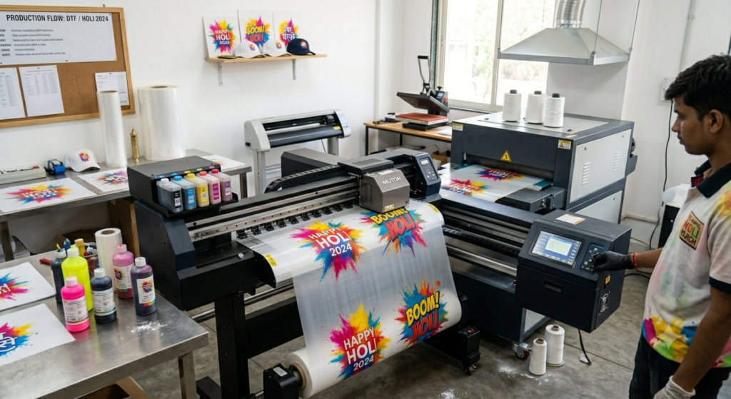 Holi DTF Printing Merchandise: Best Ideas for Successful Festival Products 2026 - Holi DTF Printing Merchandise production process on DTF printer