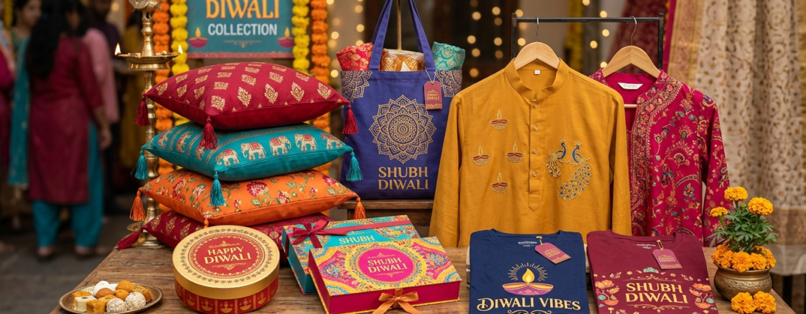 DTF Diwali Merchandise Guide showing festive DTF printing setup