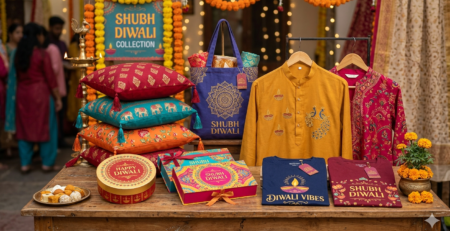 DTF Diwali Merchandise Guide showing festive DTF printing setup