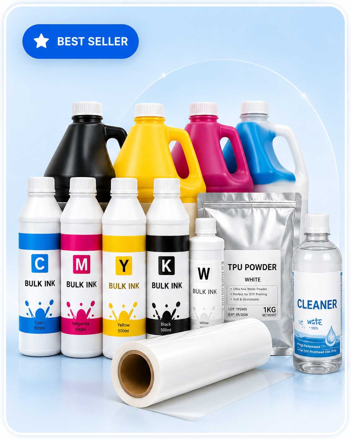 DTF consumables best seller including bulk ink, TPU powder, DTF film and cleaner