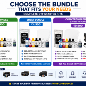 DTF Starter Kit Bundle Comparison Roll Bundle Sheet Bundle and L18050 Conversion Bundle