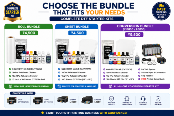 DTF Starter Kit Bundle Comparison Roll Bundle Sheet Bundle and L18050 Conversion Bundle