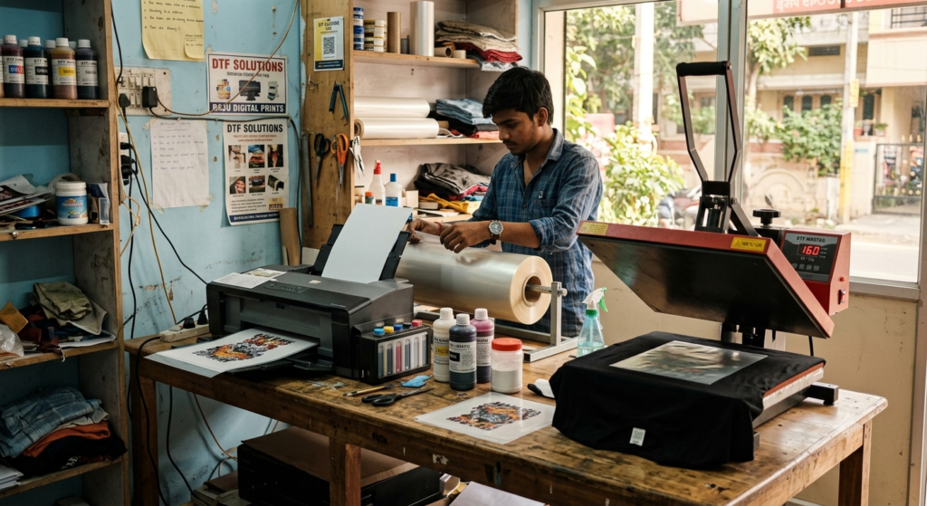 Best Guide to Start a DTF Printing Business in India 2026 - Entrepreneur setting up equipment to start DTF printing business in India