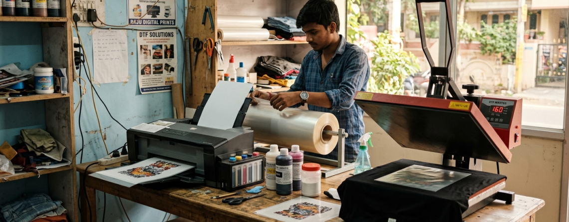 Entrepreneur setting up equipment to start DTF printing business in India