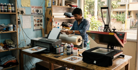 Entrepreneur setting up equipment to start DTF printing business in India