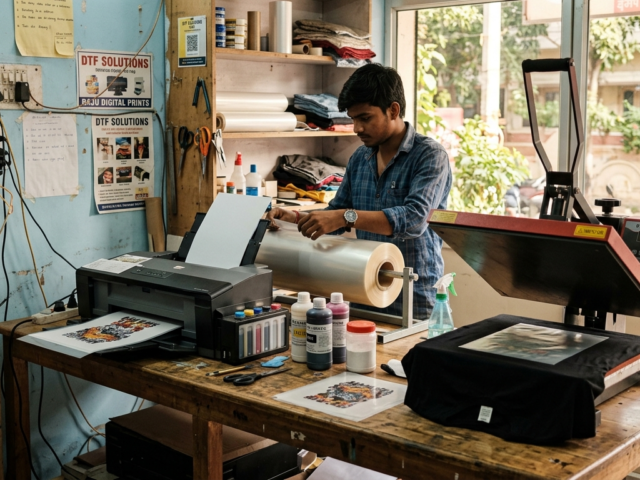 Entrepreneur setting up equipment to start DTF printing business in India