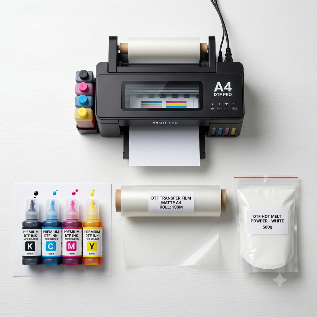 Best Guide to Start a DTF Printing Business in India 2026 - DTF printer, ink, film and powder used to start DTF printing business in India