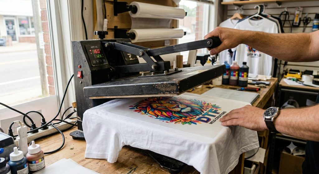 Best Guide to Start a DTF Printing Business in India 2026 - Heat press machine transferring a DTF print onto a t-shirt for a new printing business in India