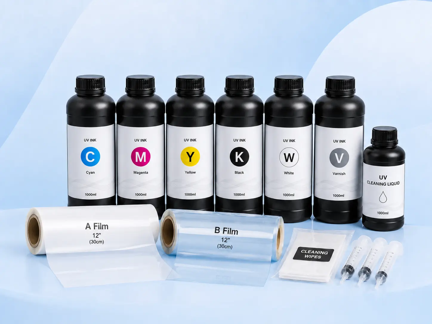 UV consumables including UV inks, cleaner and printer maintenance liquids
