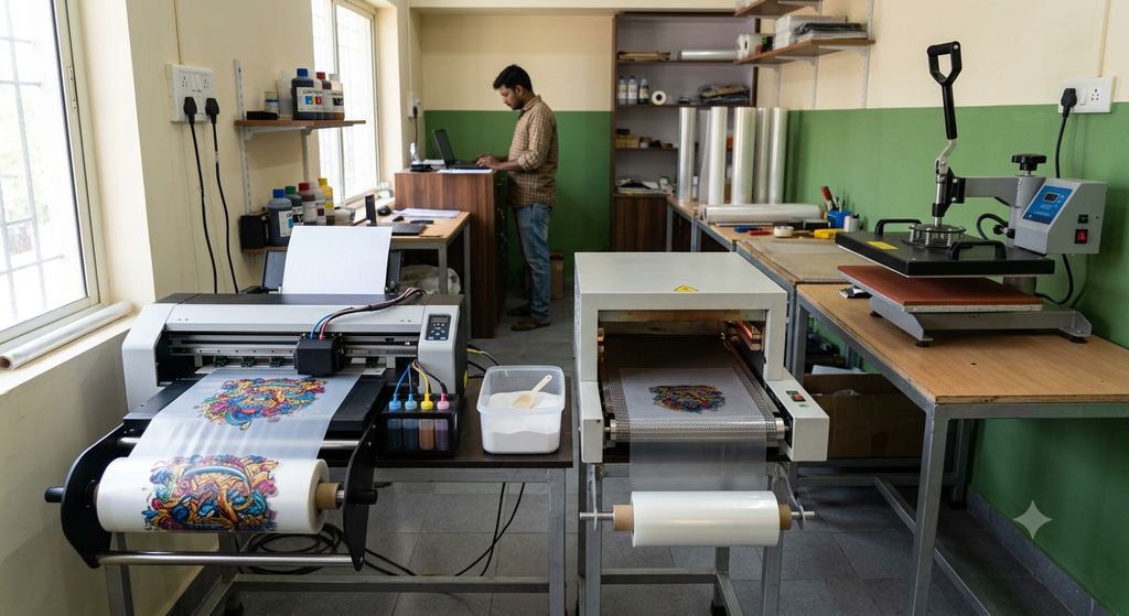 DTF Printer for Small Business setup with printer, PET film, hot melt powder and heat press