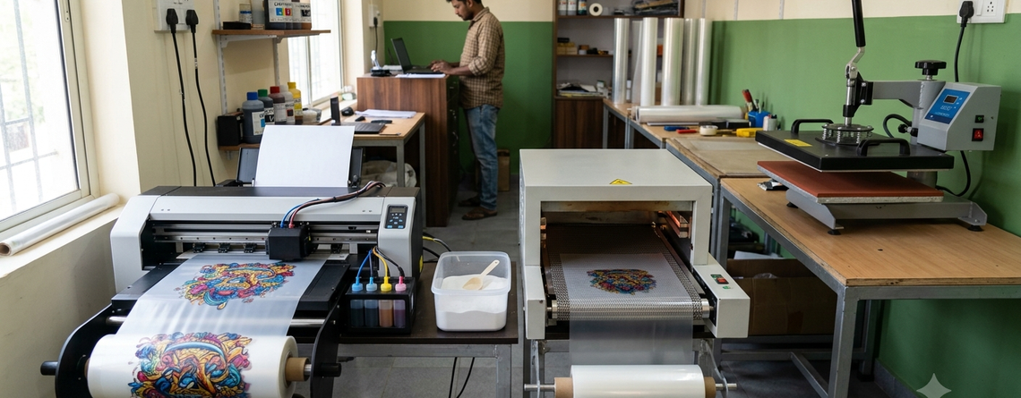 DTF Printer for Small Business setup with printer, PET film, hot melt powder and heat press