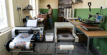 DTF Printer for Small Business setup with printer, PET film, hot melt powder and heat press