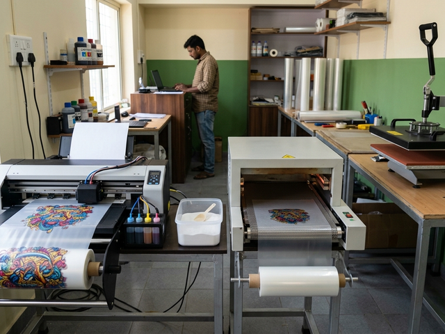 DTF Printer for Small Business setup with printer, PET film, hot melt powder and heat press