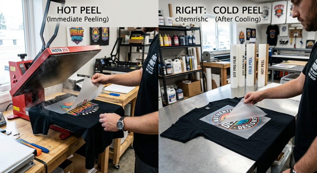 Hot Peel vs Cold Peel DTF Film: Ultimate Guide for Better Print Quality 2026 - Hot Peel vs Cold Peel DTF Film comparison showing peeling process