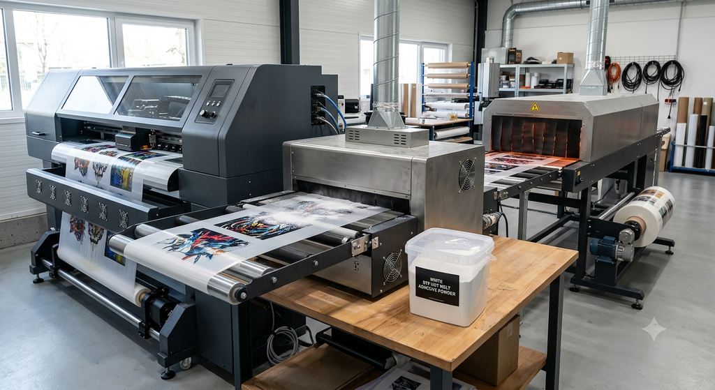 DTF hot melt adhesive powder used in a professional DTF printer with powder shaker setup