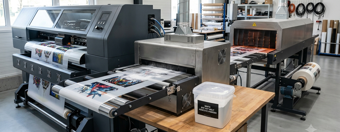 DTF hot melt adhesive powder used in a professional DTF printer with powder shaker setup