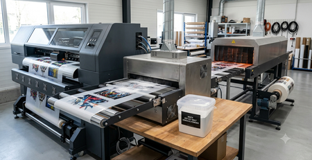 DTF hot melt adhesive powder used in a professional DTF printer with powder shaker setup