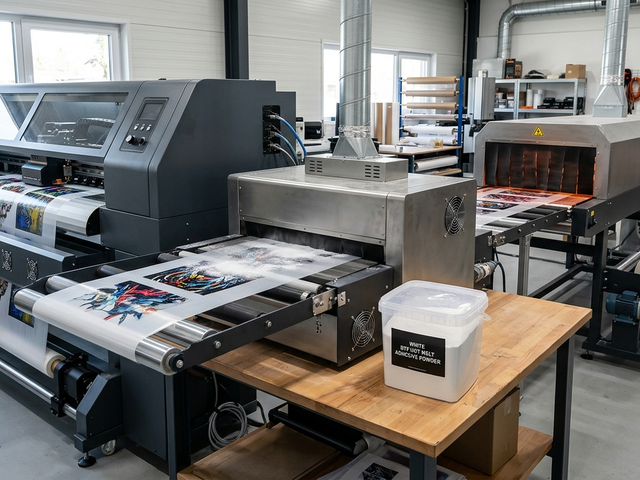 DTF hot melt adhesive powder used in a professional DTF printer with powder shaker setup