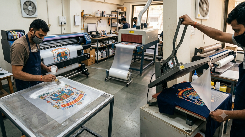 DTF Hot Melt Adhesive Powder in India: Best Comparison Guide 2026 - DTF hot melt adhesive powder in India printing workflow from film to finished T-shirt