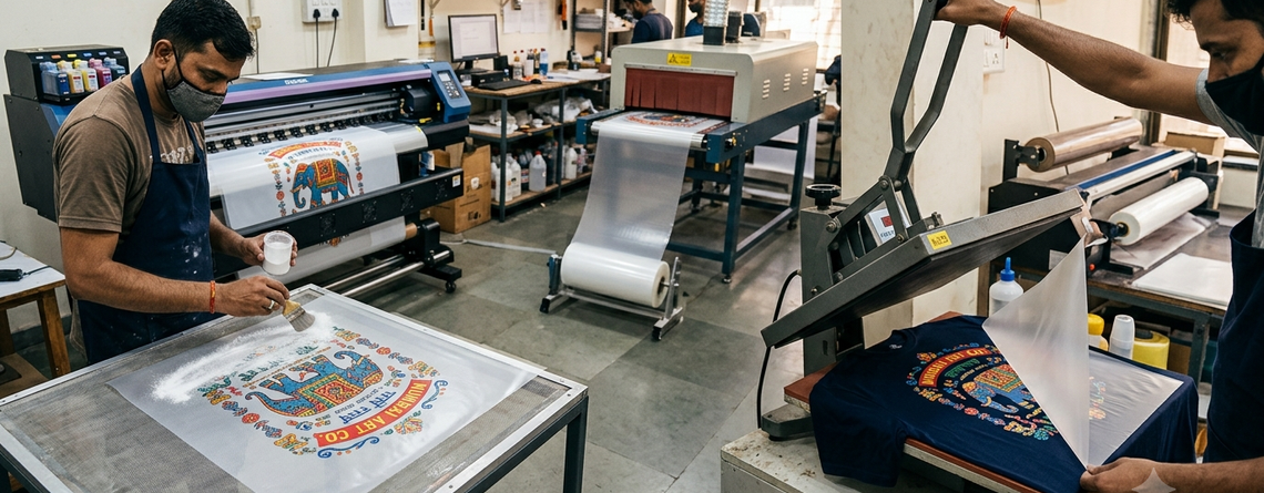 DTF hot melt adhesive powder in India printing workflow from film to finished T-shirt