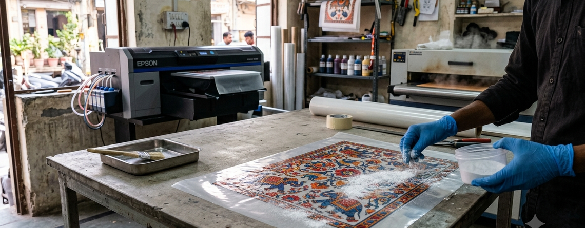 DTF hot melt adhesive powder applied evenly to printed DTF film