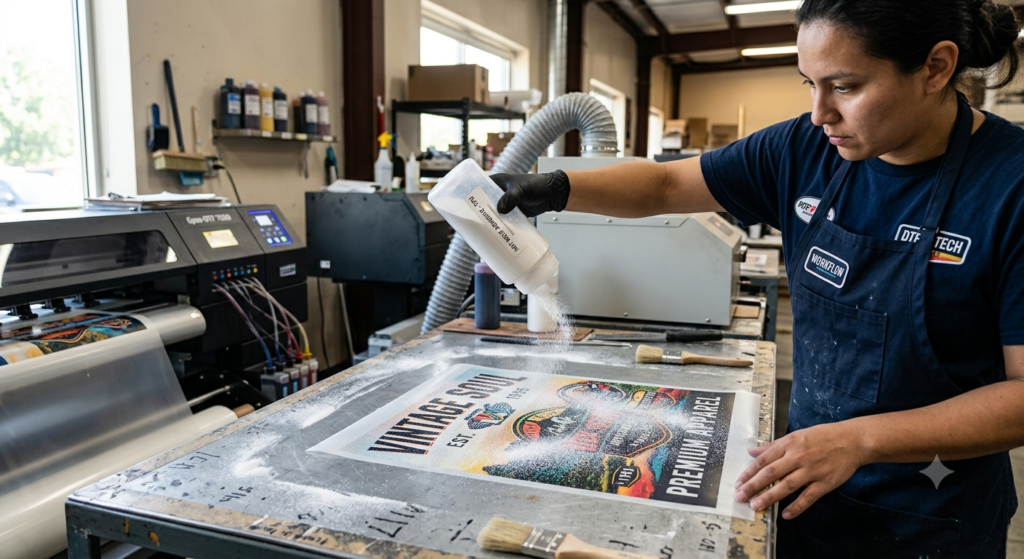 DTF Hot Melt Adhesive Powder Ultimate Guide: DTF Film A+B Difference Explained 2026 - DTF Hot Melt Adhesive Powder being applied on printed DTF film